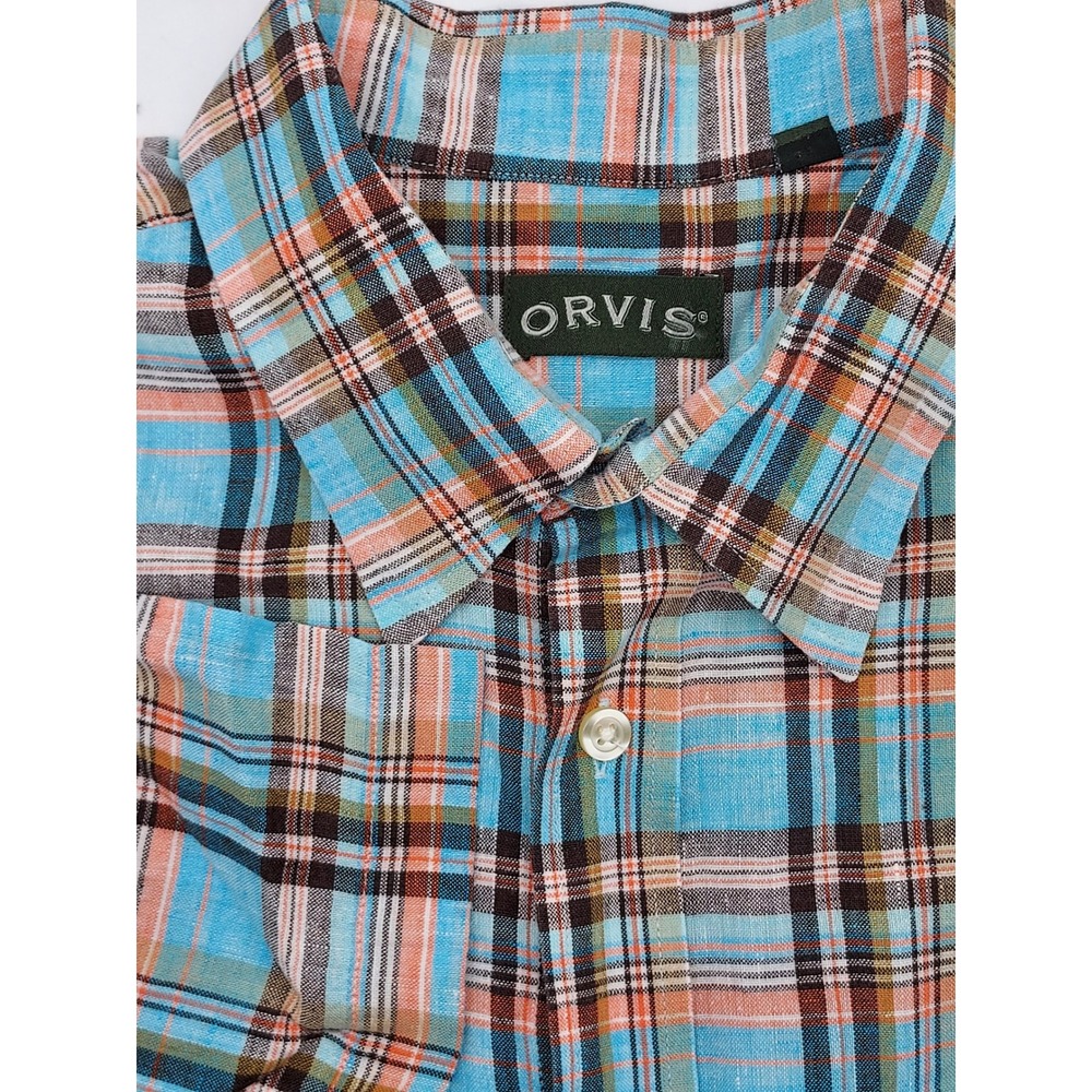 Orvis Mens‎ XL Plaid 100% Linen Button Down Shirt Short Sleeve Casual Top